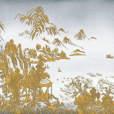 高清新中式亭台楼阁线条肌理背景墙壁画