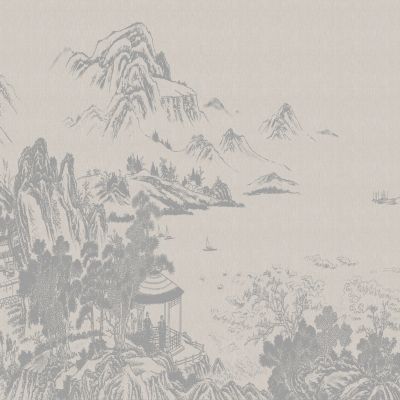 高清新中式亭台楼阁线条肌理背景墙壁画