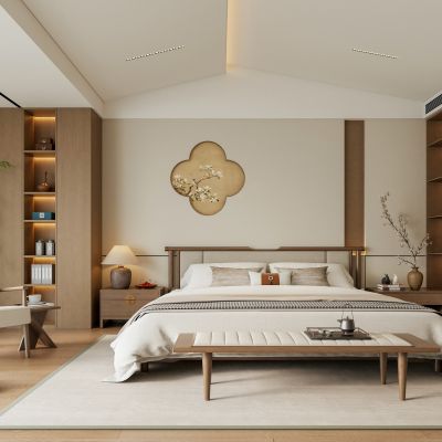 禅意新中式家居卧室 宋代美学主卧室 床头背景墙 宋式双人床 阳台休闲椅 床头柜台灯