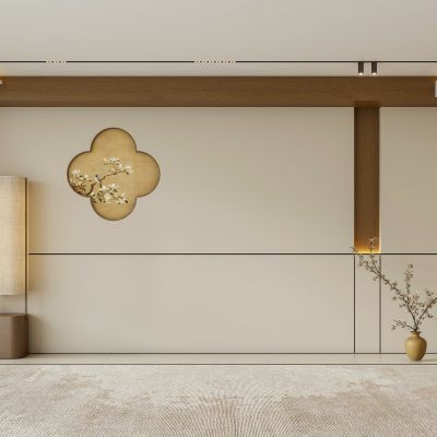 禅意新中式沙发背景墙 宋代美学背景墙 硬包背景墙 新中式落地灯 客厅沙发背景墙