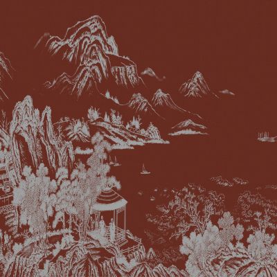 高清新中式亭台楼阁线条肌理背景墙壁画