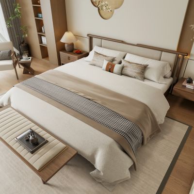 禅意新中式家居卧室 宋代美学背景墙 主卧布艺双人床 床头柜台灯 阳台休闲椅 宋式摆件