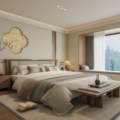 禅意新中式家居卧室 宋代美学卧室 卧室床头背景墙 布艺双人床 无主灯主卧室 床头柜台灯