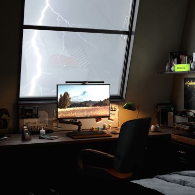 现代复古电竞房 台式电脑 键盘 台灯 装饰摆件 平板电脑