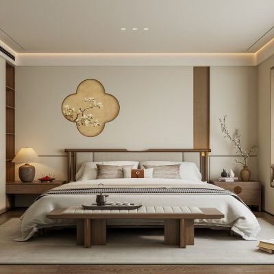 禅意新中式家居卧室 宋代美学卧室 床头背景墙 布艺双人床 床头柜台灯 宋氏主卧