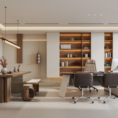 禅意新中式经理办公室 董事长办公桌椅 书柜书架 茶台茶桌椅组合 宋式吊灯 宋代美学背景墙3D模型