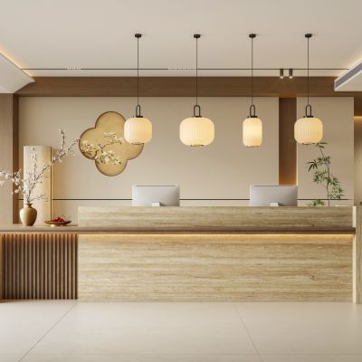 禅意新中式酒店前台 酒店民宿大堂 收银台 宋式吊灯 宋代美学背景墙 落地灯