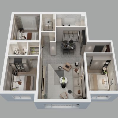 现代家装样板间鸟瞰图3D模型