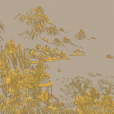 高清新中式亭台楼阁线条肌理背景墙壁画