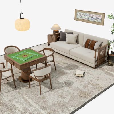 新中式麻将桌椅组合 宋代美学吊灯 布艺双人沙发 台灯