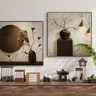 现代新中式禅意中古风侘寂风挂画墙饰装饰画组合3D模型