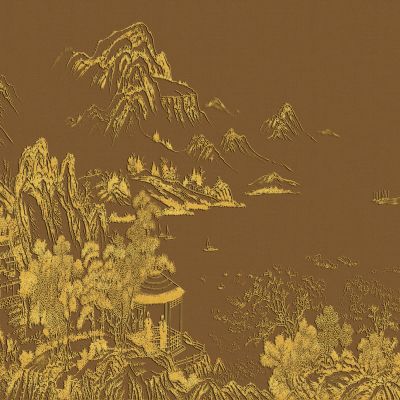 高清新中式亭台楼阁线条肌理背景墙壁画3D贴图