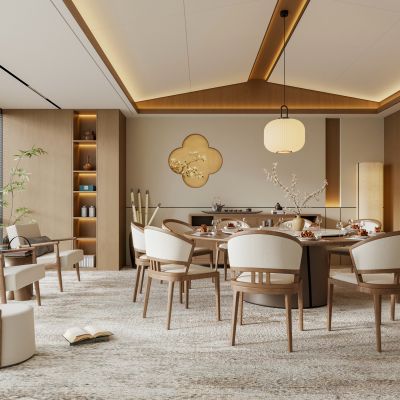 禅意新中式中餐厅 餐厅包间包厢包房 宋代美学背景墙 圆形餐桌椅组合 宋式餐厅吊灯 阳台休闲椅