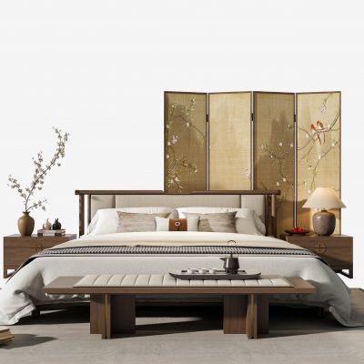 禅意新中式卧室床组合 宋代美学家具 布艺双人床 宋式屏风 床头柜台灯 装饰摆件