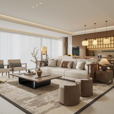 禅意新中式家居客厅 沙发茶几组合 宋式客厅家具 岛台餐桌椅 餐边柜 餐厅吊灯