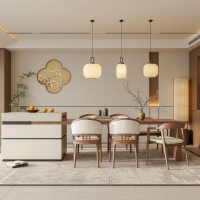 禅意新中式家居餐厅 宋代美学背景墙 岛台餐桌椅组合 餐厅吊灯 宋式餐边柜 餐桌摆件