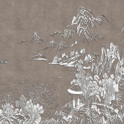高清新中式亭台楼阁线条肌理背景墙壁画