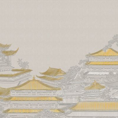 高清新中式亭台楼阁线条肌理背景墙壁画