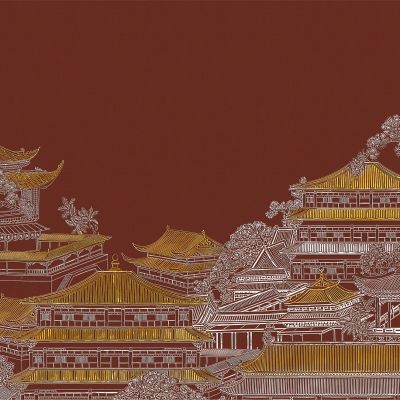 高清新中式亭台楼阁线条肌理背景墙壁画3D贴图