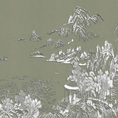 高清新中式亭台楼阁线条肌理背景墙壁画3D贴图