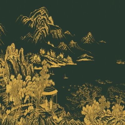 高清新中式亭台楼阁线条肌理背景墙壁画