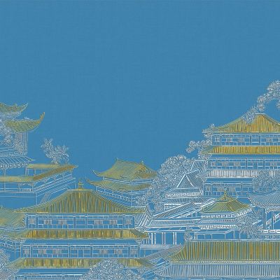 高清新中式亭台楼阁线条肌理背景墙壁画