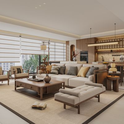 禅意新中式客餐厅 客厅沙发茶几组合 宋代美学家具 岛台餐桌椅 宋氏餐厅吊灯 新中式餐边柜