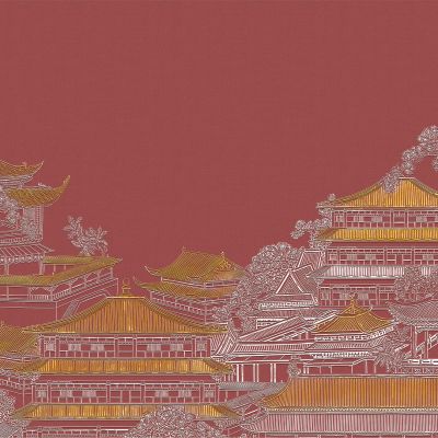 高清新中式亭台楼阁线条肌理背景墙壁画