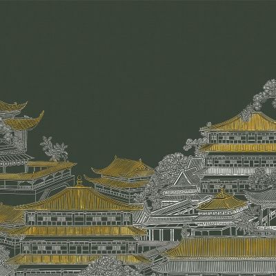 高清新中式亭台楼阁线条肌理背景墙壁画3D贴图