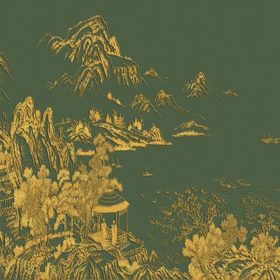 高清新中式亭台楼阁线条肌理背景墙壁画