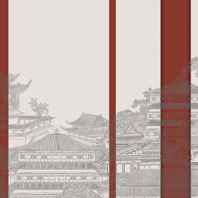 高清新中式亭台楼阁线条肌理背景墙壁画