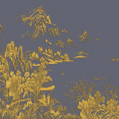 高清新中式亭台楼阁线条肌理背景墙壁画