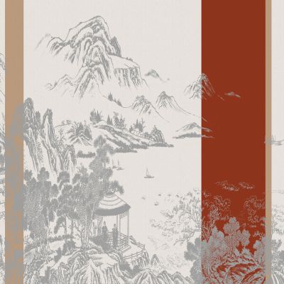 高清新中式亭台楼阁线条肌理背景墙壁画