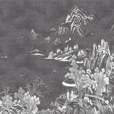 高清新中式亭台楼阁线条肌理背景墙壁画