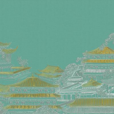 高清新中式亭台楼阁线条肌理背景墙壁画