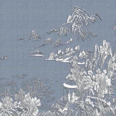 高清新中式亭台楼阁线条肌理背景墙壁画
