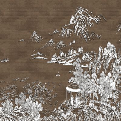 高清新中式亭台楼阁线条肌理背景墙壁画