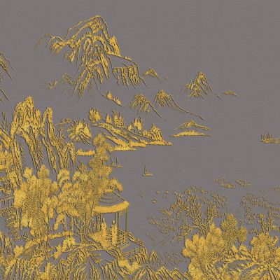 高清新中式亭台楼阁线条肌理背景墙壁画