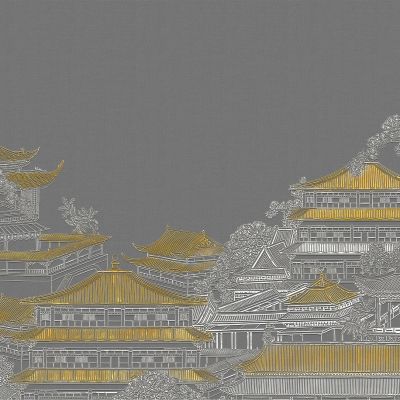 高清新中式亭台楼阁线条肌理背景墙壁画