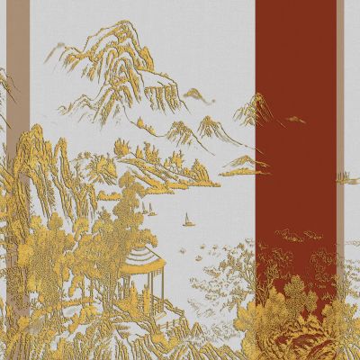 高清新中式亭台楼阁线条肌理背景墙壁画