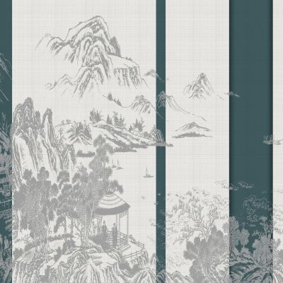 高清新中式亭台楼阁线条肌理背景墙壁画