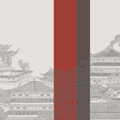 高清新中式亭台楼阁线条肌理背景墙壁画