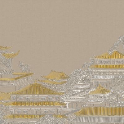 高清新中式亭台楼阁线条肌理背景墙壁画