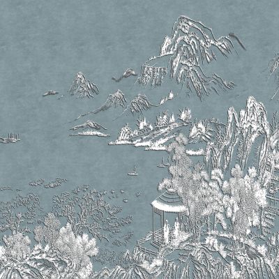 高清新中式亭台楼阁线条肌理背景墙壁画