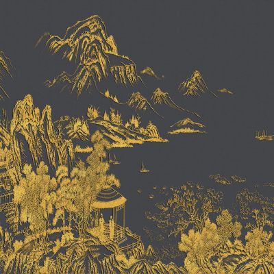 高清新中式亭台楼阁线条肌理背景墙壁画