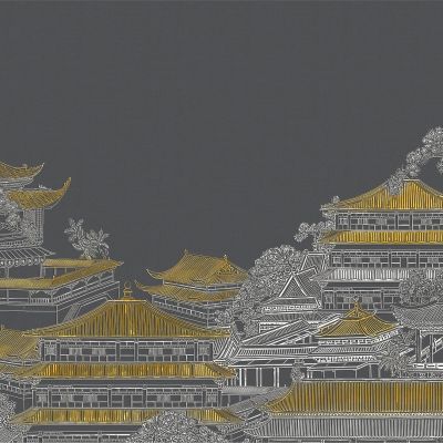 高清新中式亭台楼阁线条肌理背景墙壁画