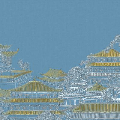 高清新中式亭台楼阁线条肌理背景墙壁画