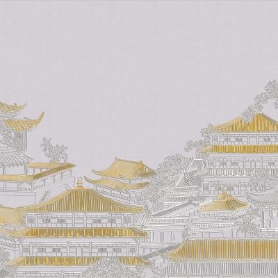 高清新中式亭台楼阁线条肌理背景墙壁画