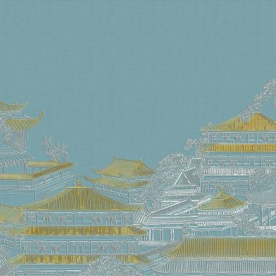 高清新中式亭台楼阁线条肌理背景墙壁画