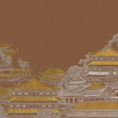 高清新中式亭台楼阁线条肌理背景墙壁画
